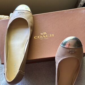 Coach Tan Leather Ballet Flats with Metallic Silver Cap Toe